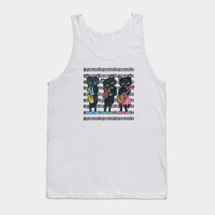 Three Black Cats Playing Musical Instruments on Sheet Music Tank Top